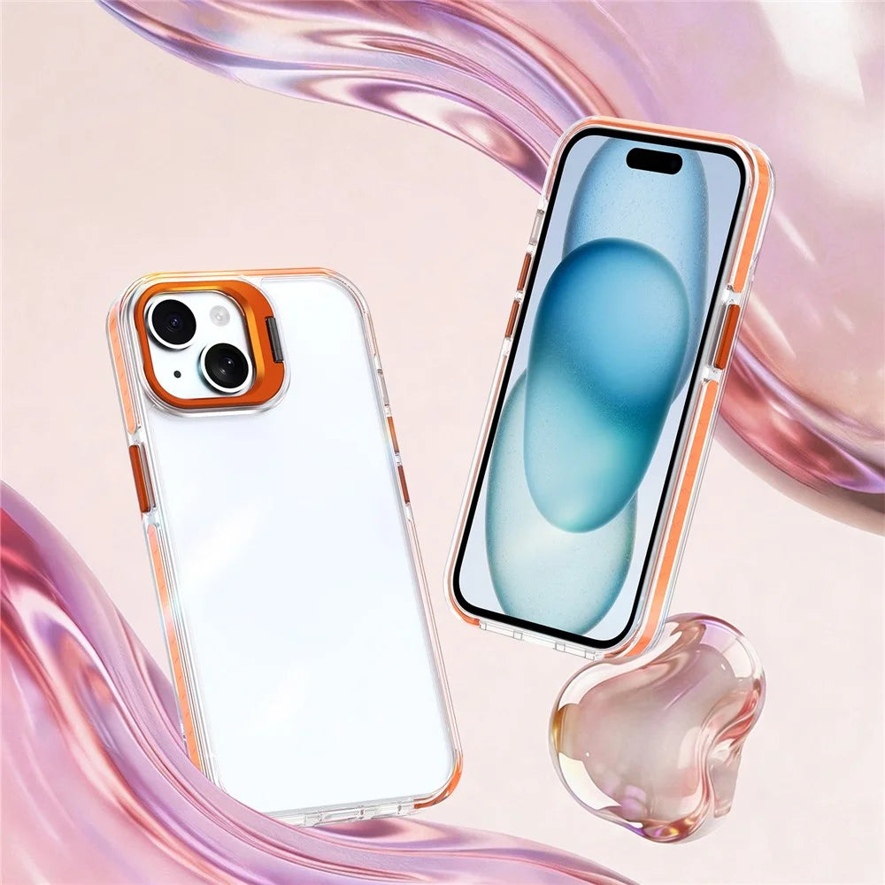 For iPhone 15 Case Metal Camera Kickstand Shockproof Clear PC + TPU Phone Cover - Transparent Orange - 2