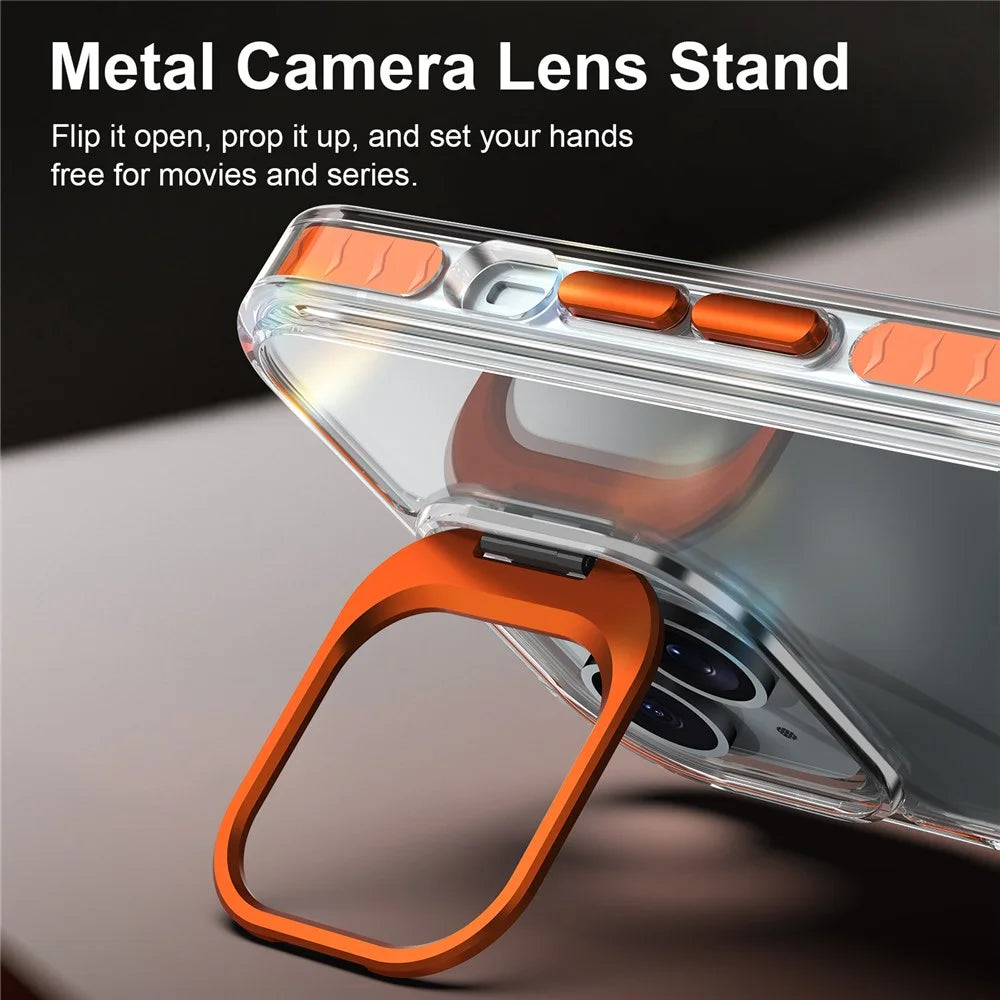 For iPhone 15 Case Metal Camera Kickstand Shockproof Clear PC + TPU Phone Cover - Transparent Orange - 5