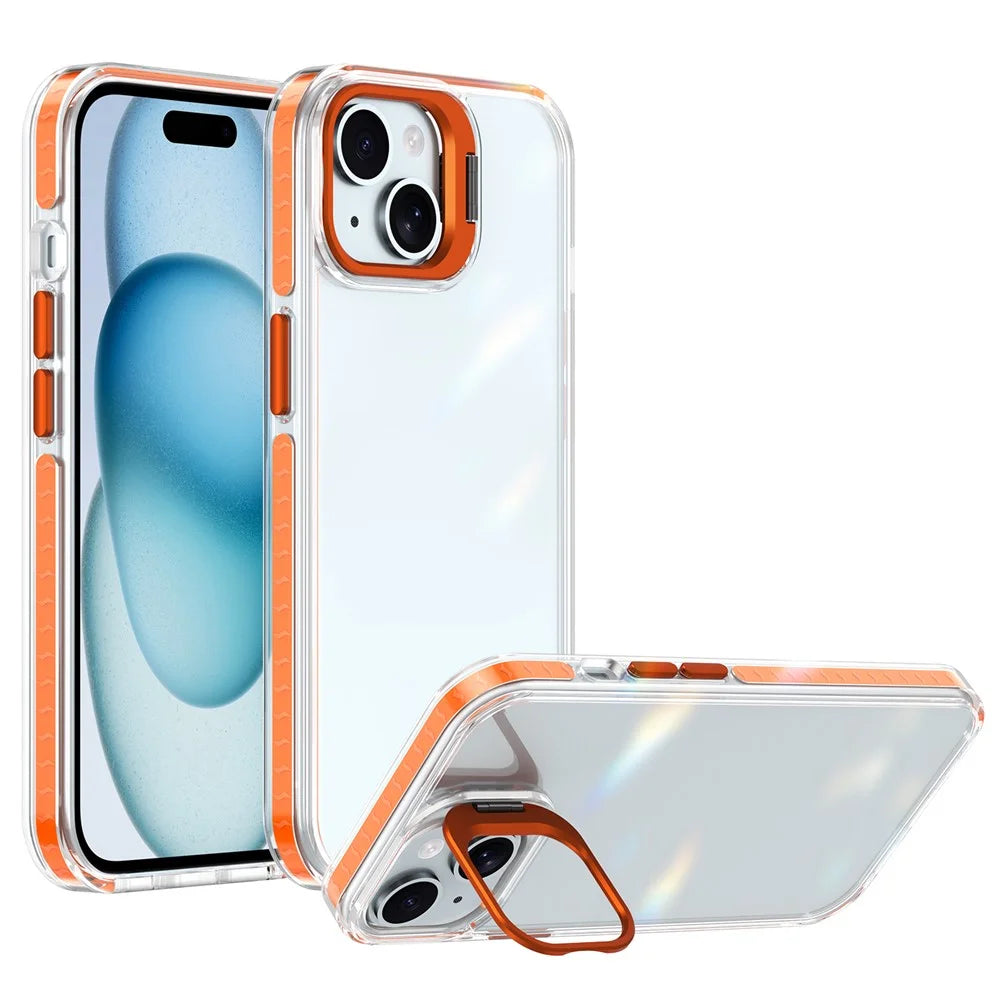 For iPhone 15 Plus Case Metal Camera Kickstand Shockproof Clear PC + TPU Phone Cover - Transparent Orange - 1