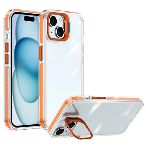 For iPhone 15 Plus Case Metal Camera Kickstand Shockproof Clear PC + TPU Phone Cover - Transparent Orange - 1