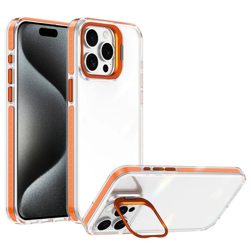For iPhone 15 Pro Case Metal Camera Kickstand Shockproof Clear PC + TPU Phone Cover - Transparent Orange - 1