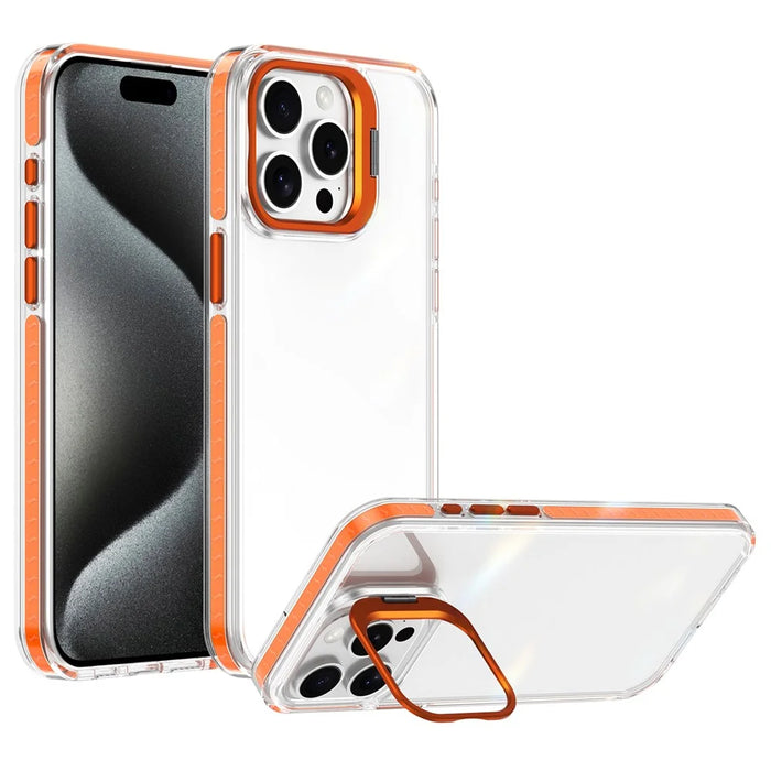 For iPhone 14 Pro Case Metal Camera Kickstand Shockproof Clear PC + TPU Phone Cover - Transparent Orange - 1