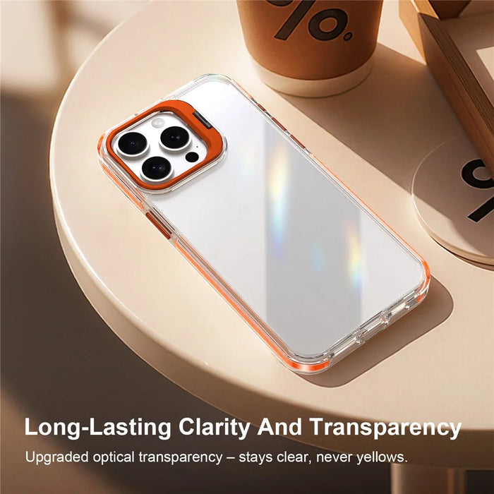 For iPhone 14 Pro Case Metal Camera Kickstand Shockproof Clear PC + TPU Phone Cover - Transparent Orange - 6
