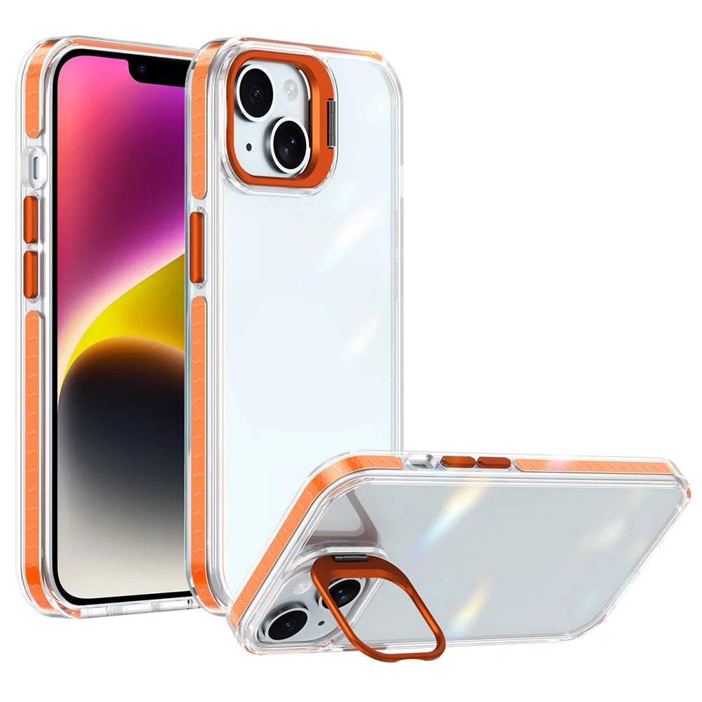 For iPhone 14 Plus Case Metal Camera Kickstand Shockproof Clear PC + TPU Phone Cover - Transparent Orange - 1
