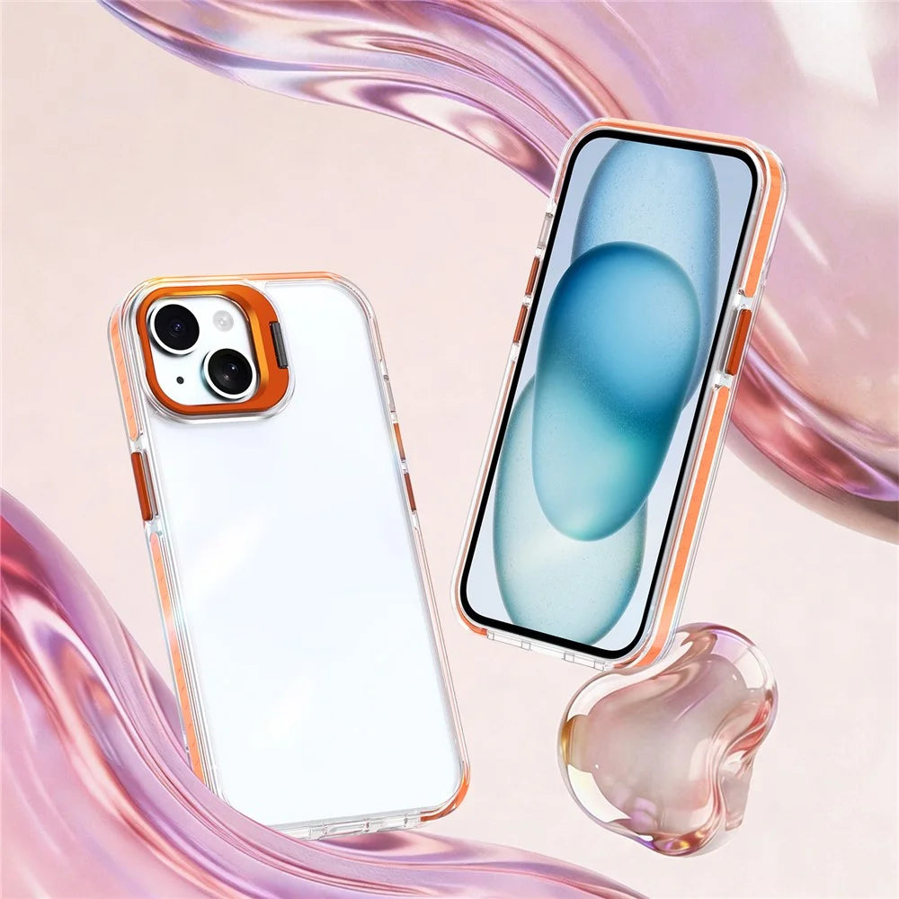 For iPhone 14 Plus Case Metal Camera Kickstand Shockproof Clear PC + TPU Phone Cover - Transparent Orange - 2