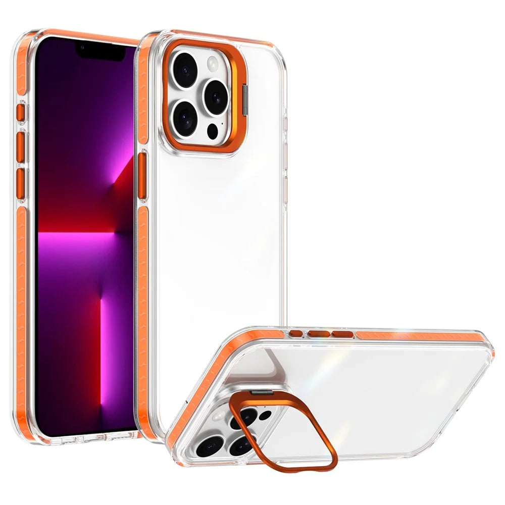 For iPhone 13 Pro Case Metal Camera Kickstand Shockproof Clear PC + TPU Phone Cover - Transparent Orange - 1
