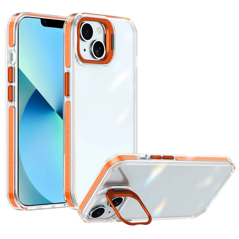 For iPhone 13 Case Metal Camera Kickstand Shockproof Clear PC + TPU Phone Cover - Transparent Orange - 1