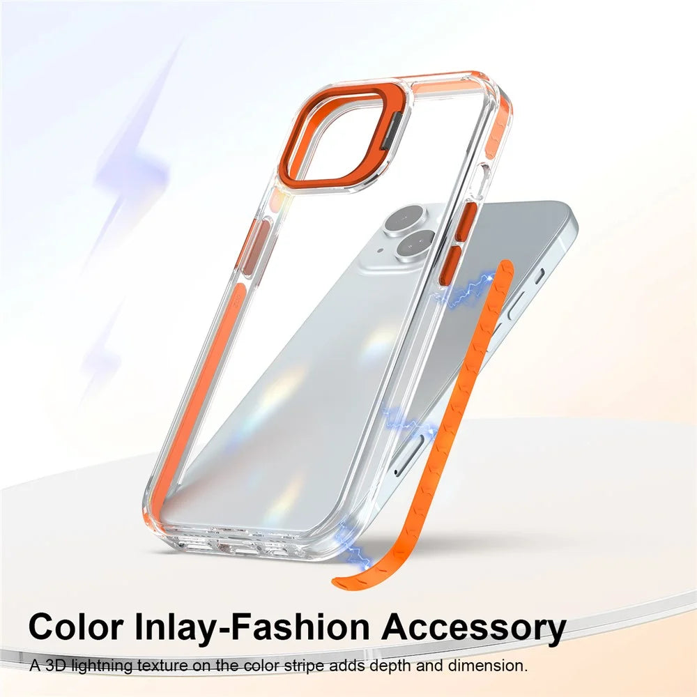For iPhone 13 Case Metal Camera Kickstand Shockproof Clear PC + TPU Phone Cover - Transparent Orange - 4