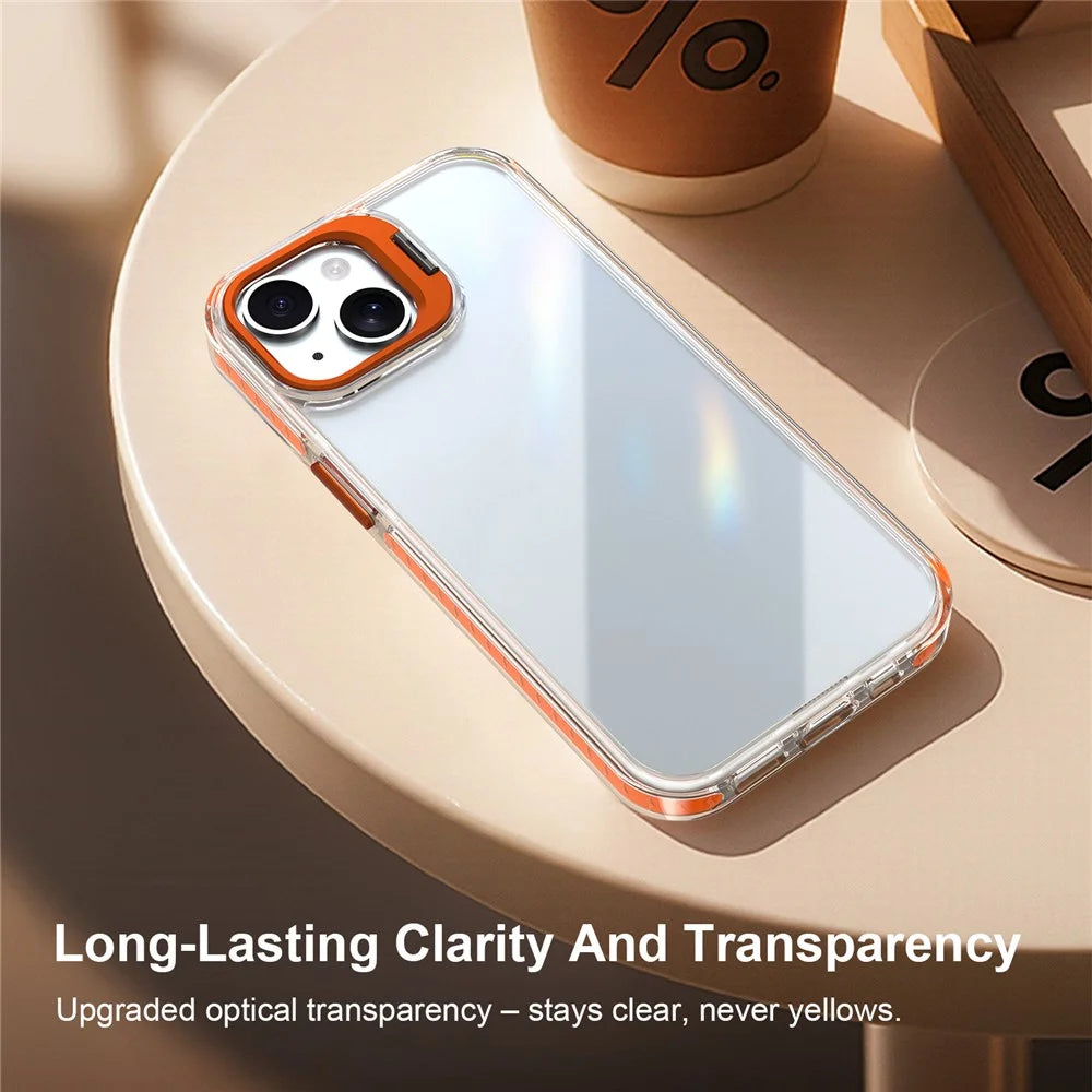 For iPhone 13 Case Metal Camera Kickstand Shockproof Clear PC + TPU Phone Cover - Transparent Orange - 6