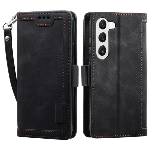 For Samsung Galaxy S23+ Retro Splicing Style Phone Case PU Leather Wallet Stand Drop-proof Cover with Strap - Black - 1
