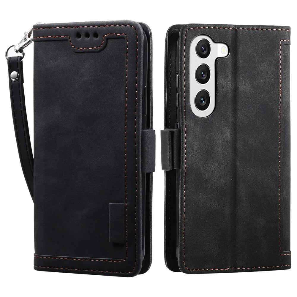 For Samsung Galaxy S23+ Retro Splicing Style Phone Case PU Leather Wallet Stand Drop-proof Cover with Strap - Black - 1