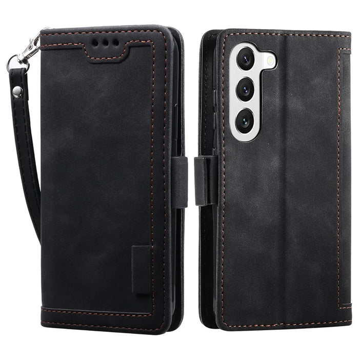 For Samsung Galaxy S23+ Retro Splicing Style Phone Case PU Leather Wallet Stand Drop-proof Cover with Strap - Black - 1