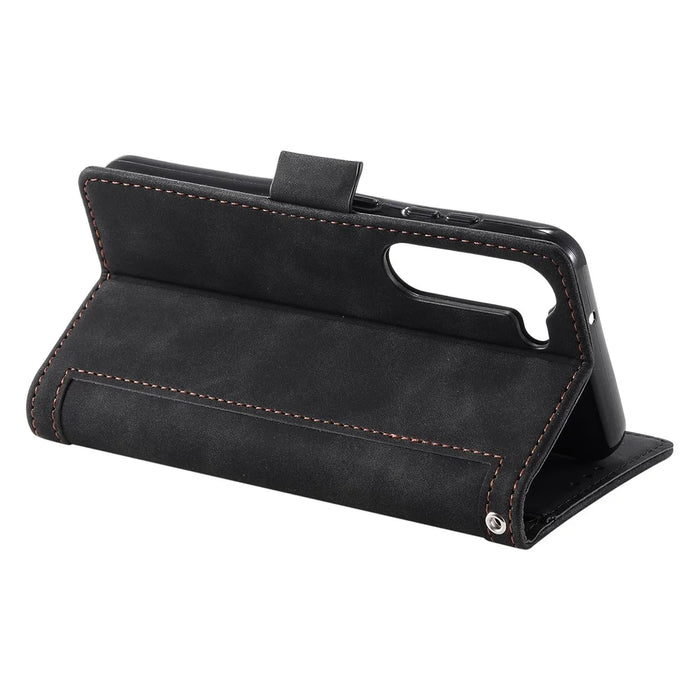 For Samsung Galaxy S23+ Retro Splicing Style Phone Case PU Leather Wallet Stand Drop-proof Cover with Strap - Black - 3