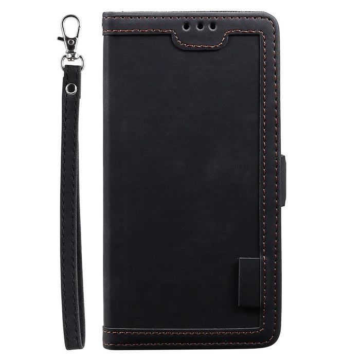 For Samsung Galaxy S23+ Retro Splicing Style Phone Case PU Leather Wallet Stand Drop-proof Cover with Strap - Black - 4