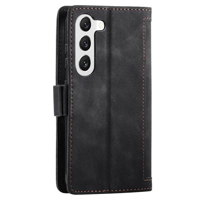 For Samsung Galaxy S23+ Retro Splicing Style Phone Case PU Leather Wallet Stand Drop-proof Cover with Strap - Black - 5