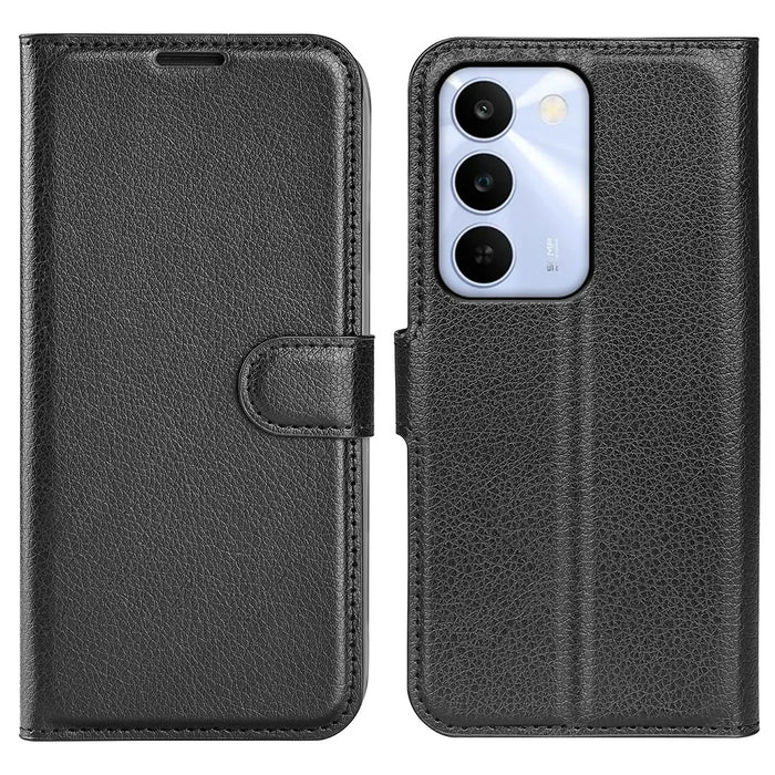 For Realme C100 5G Case Wallet Stand Litchi Texture Shockproof Leather Phone Cover - Black - 1