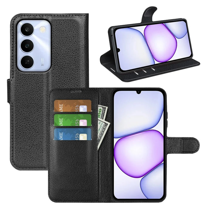 For Realme C100 5G Case Wallet Stand Litchi Texture Shockproof Leather Phone Cover - Black - 7