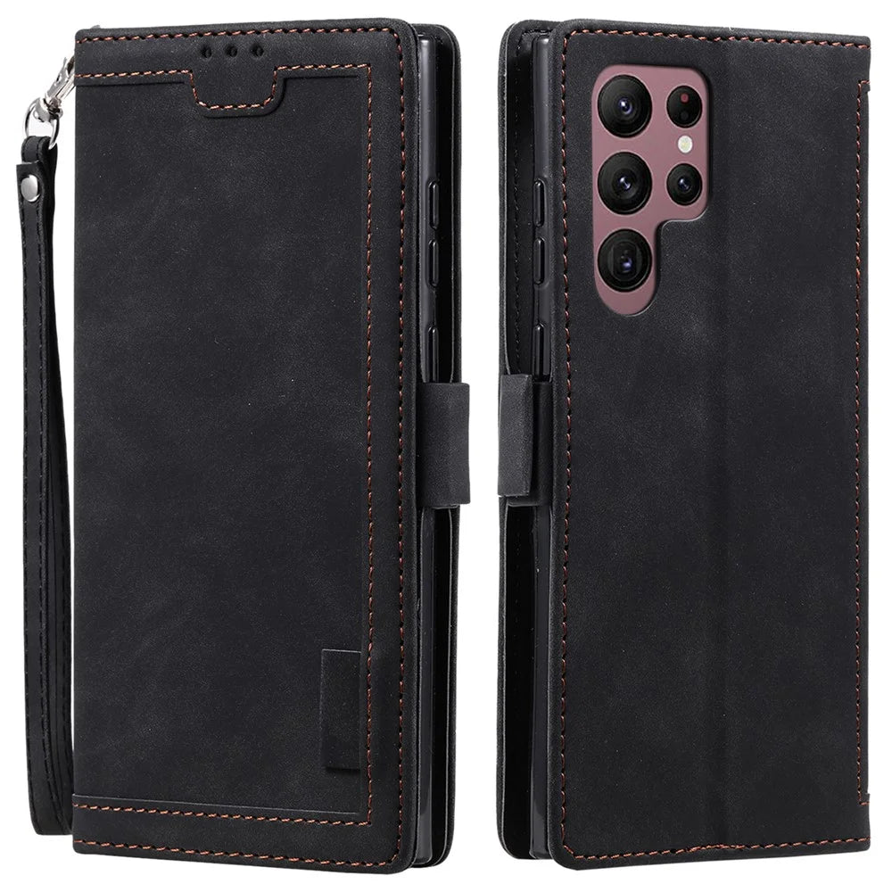 For Samsung Galaxy S23 Ultra Retro Splicing Style PU Leather Shockproof Phone Case Wallet Stand Folio Flip Cover with Strap - Black - 1