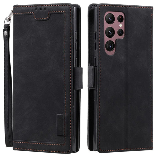 For Samsung Galaxy S23 Ultra Retro Splicing Style PU Leather Shockproof Phone Case Wallet Stand Folio Flip Cover with Strap - Black - 1