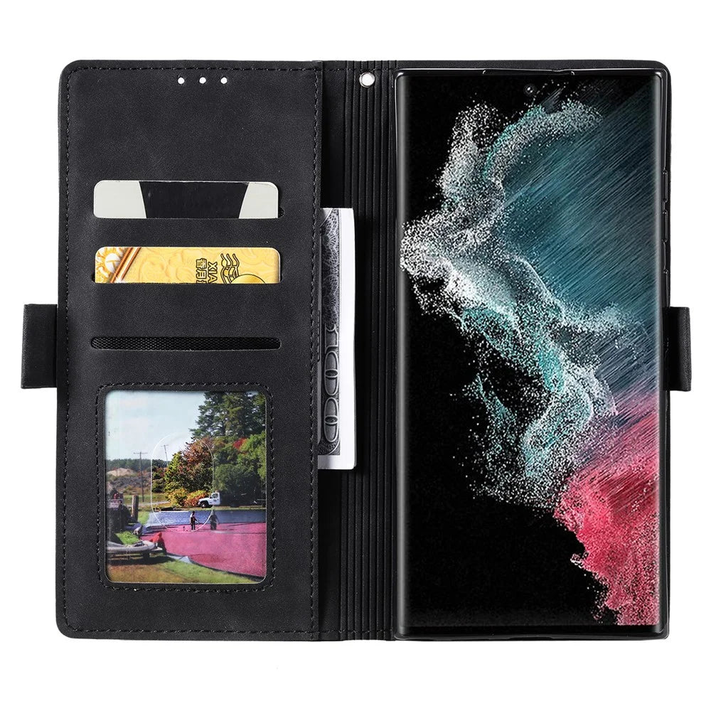 For Samsung Galaxy S23 Ultra Retro Splicing Style PU Leather Shockproof Phone Case Wallet Stand Folio Flip Cover with Strap - Black - 2