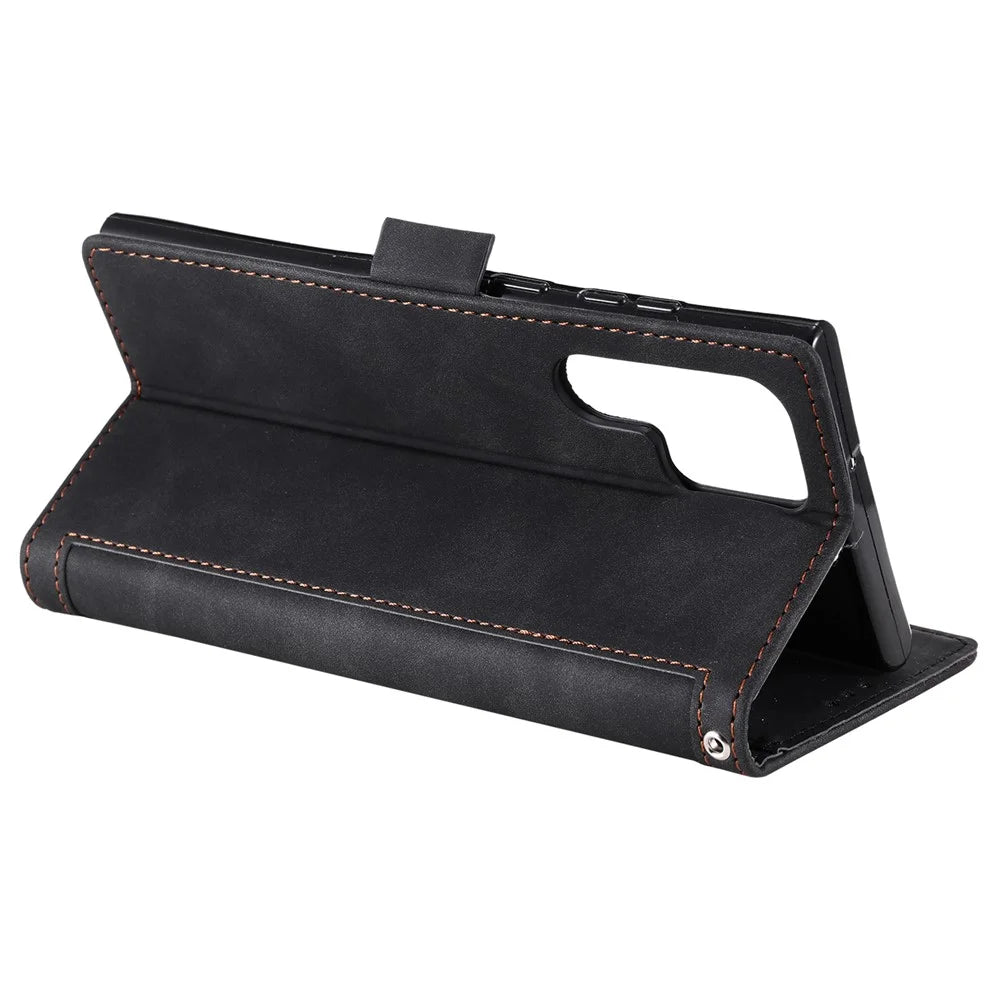 For Samsung Galaxy S23 Ultra Retro Splicing Style PU Leather Shockproof Phone Case Wallet Stand Folio Flip Cover with Strap - Black - 3