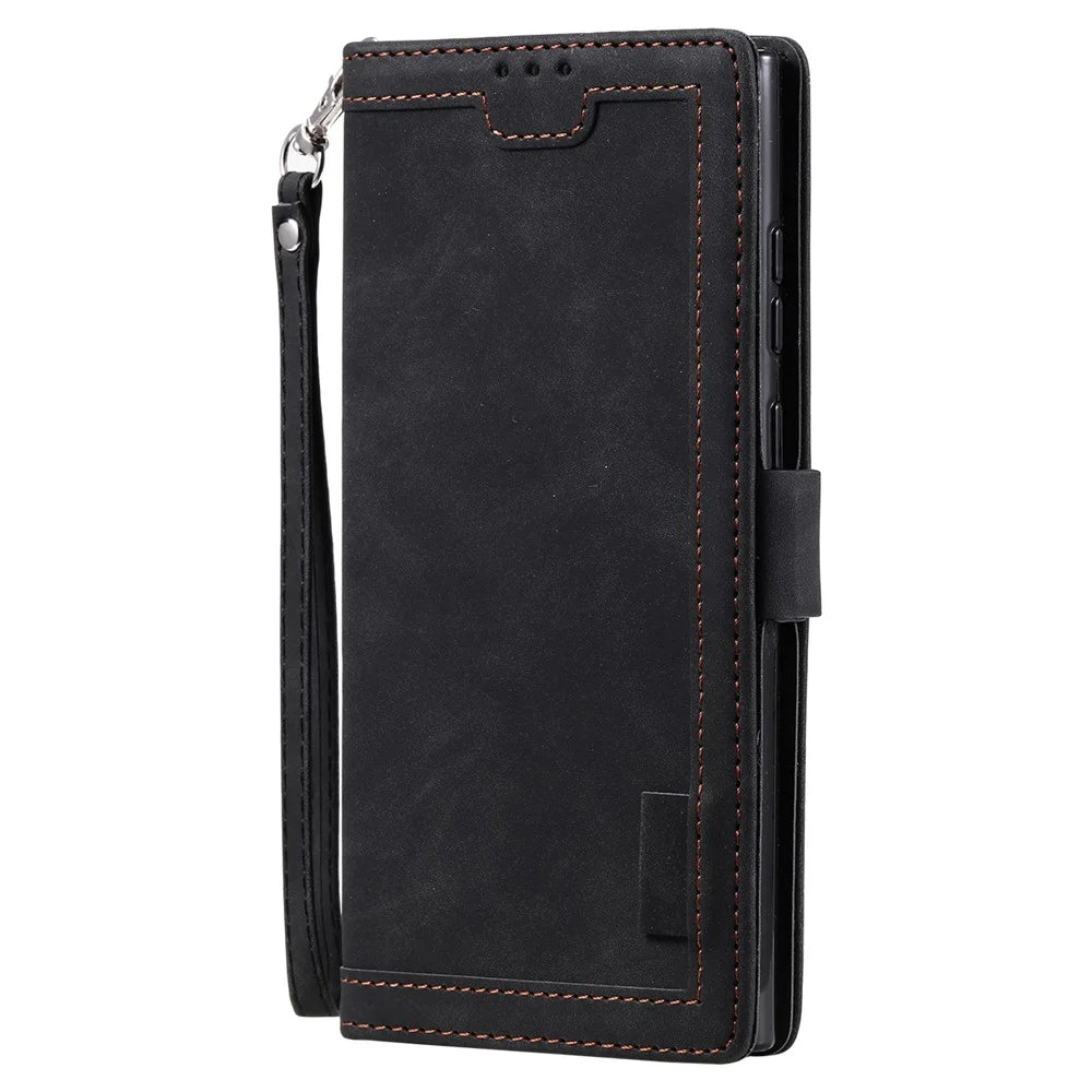For Samsung Galaxy S23 Ultra Retro Splicing Style PU Leather Shockproof Phone Case Wallet Stand Folio Flip Cover with Strap - Black - 4