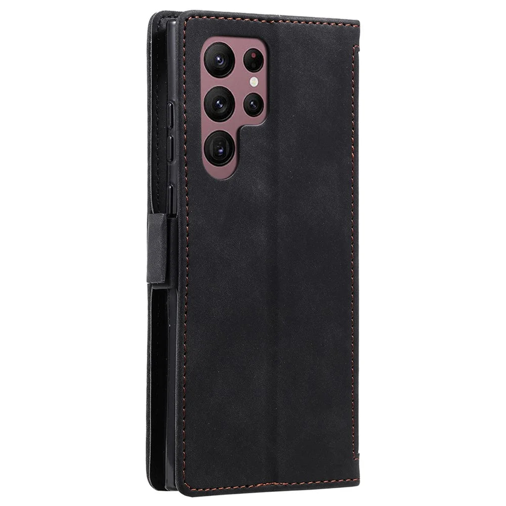For Samsung Galaxy S23 Ultra Retro Splicing Style PU Leather Shockproof Phone Case Wallet Stand Folio Flip Cover with Strap - Black - 5