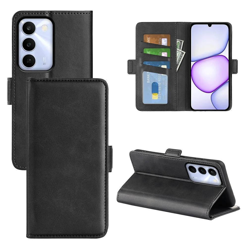 For Realme C100 5G Case Calf Texture Leather Wallet Phone Cover - Black - 7