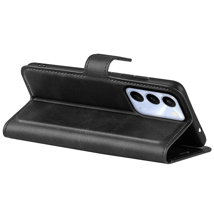 For Realme C100 5G Stand Case Anti-Scratch Calf Texture Leather Phone Cover - Black - 4