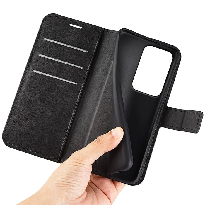 For Realme C100 5G Stand Case Anti-Scratch Calf Texture Leather Phone Cover - Black - 5