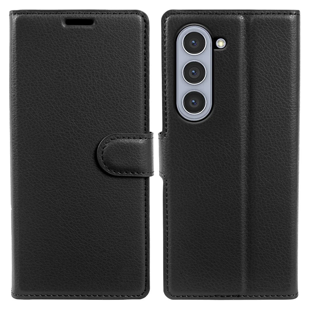 For Samsung Galaxy Z Fold5 5G Case Wallet Stand Litchi Texture Shockproof Leather Phone Cover - Black - 1