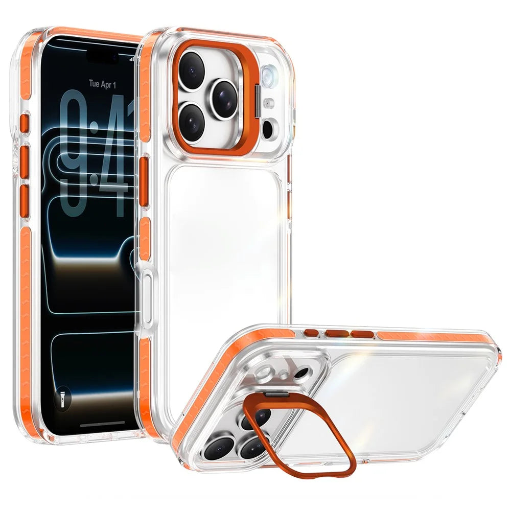 For iPhone 17 Pro Case Metal Camera Kickstand Shockproof Clear PC + TPU Phone Cover - Transparent Orange - 1