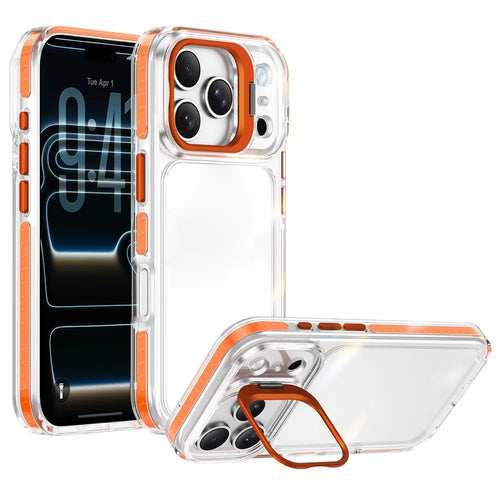 For iPhone 17 Pro Case Metal Camera Kickstand Shockproof Clear PC + TPU Phone Cover - Transparent Orange - 1