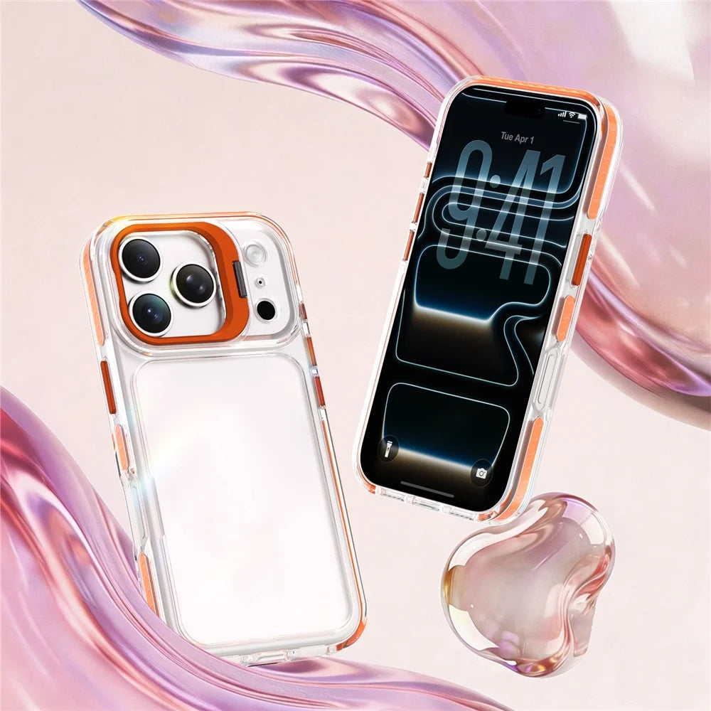 For iPhone 17 Pro Case Metal Camera Kickstand Shockproof Clear PC + TPU Phone Cover - Transparent Orange - 2