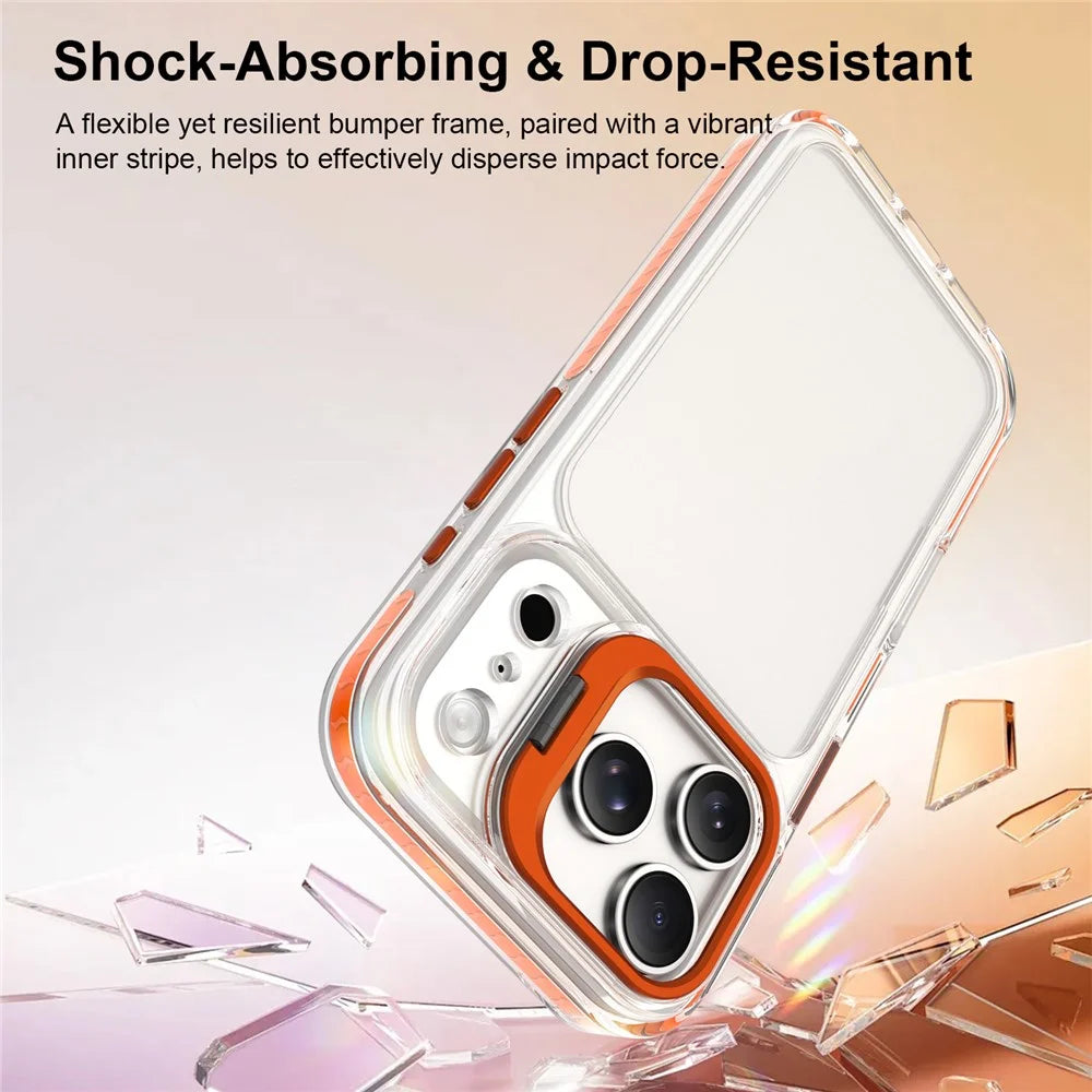 For iPhone 17 Pro Case Metal Camera Kickstand Shockproof Clear PC + TPU Phone Cover - Transparent Orange - 3