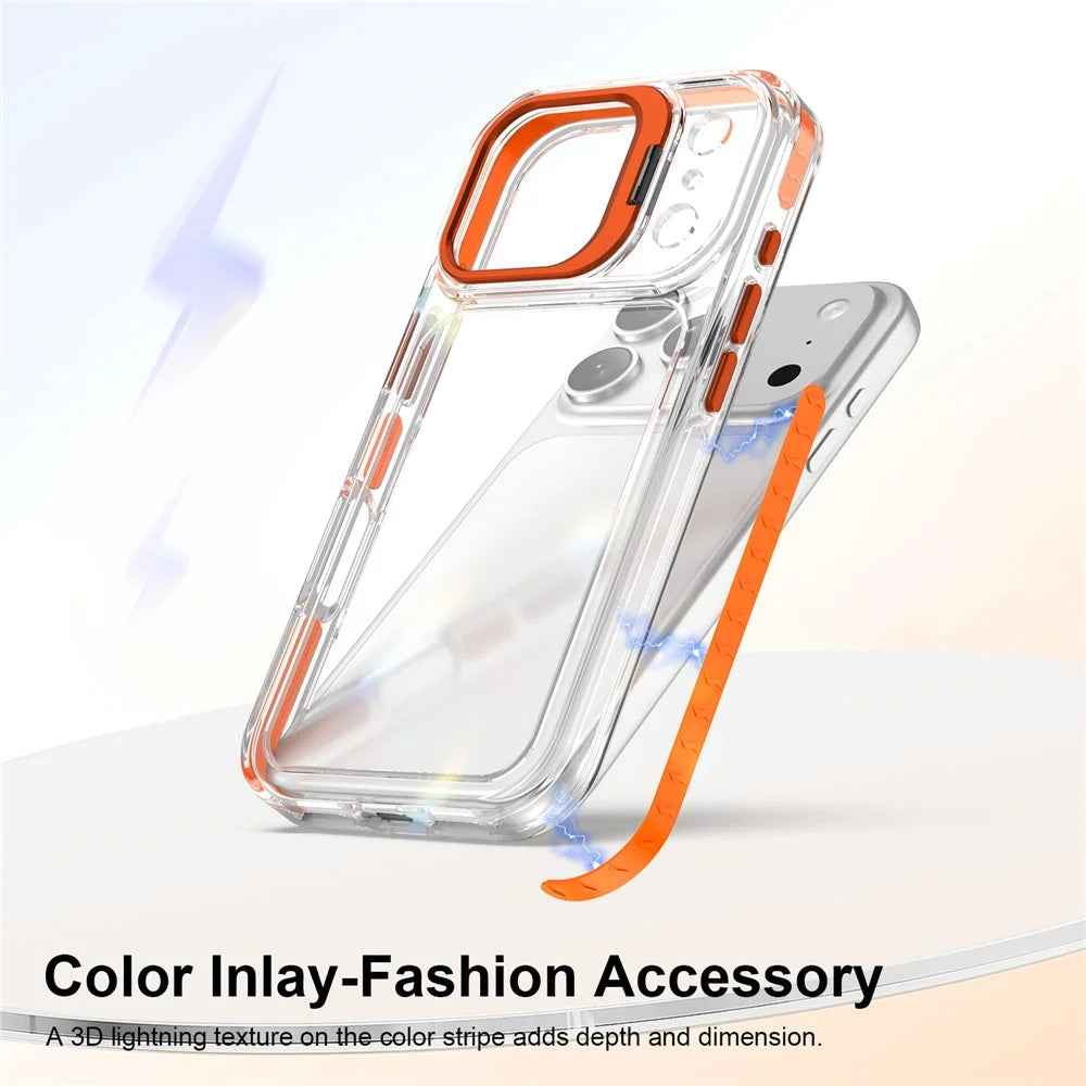 For iPhone 17 Pro Case Metal Camera Kickstand Shockproof Clear PC + TPU Phone Cover - Transparent Orange - 4
