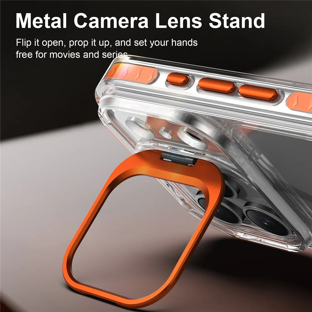 For iPhone 17 Pro Case Metal Camera Kickstand Shockproof Clear PC + TPU Phone Cover - Transparent Orange - 5