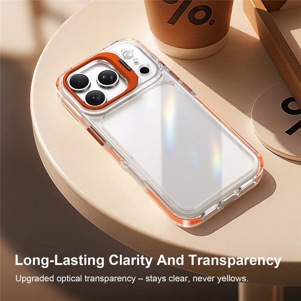 For iPhone 17 Pro Case Metal Camera Kickstand Shockproof Clear PC + TPU Phone Cover - Transparent Orange - 6
