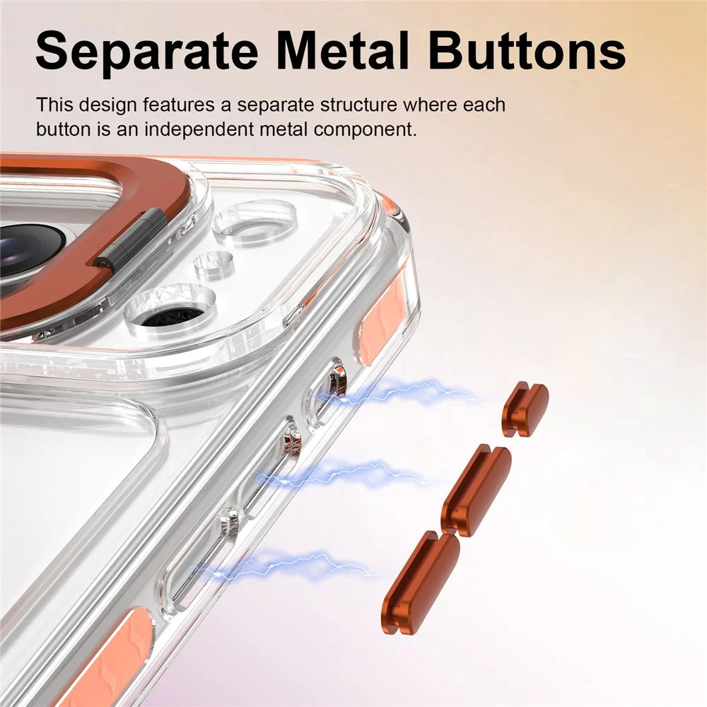 For iPhone 17 Pro Case Metal Camera Kickstand Shockproof Clear PC + TPU Phone Cover - Transparent Orange - 7
