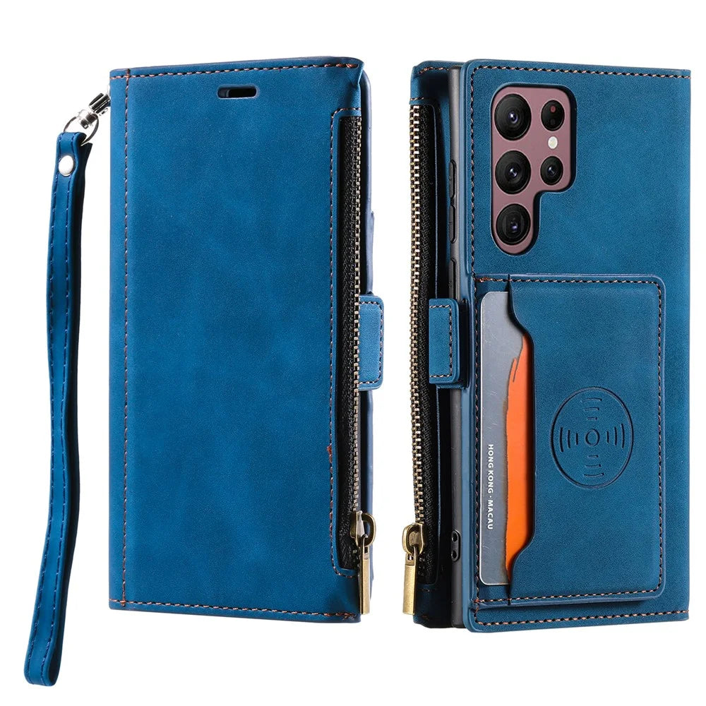 For Samsung Galaxy S23 Ultra Zipper Pocket Stand PU Leather Case Back Card Holder Magnetic Clasp Phone Wallet Cover with Hand Strap - Blue - 1