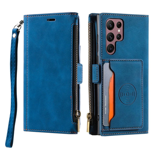 For Samsung Galaxy S23 Ultra Zipper Pocket Stand PU Leather Case Back Card Holder Magnetic Clasp Phone Wallet Cover with Hand Strap - Blue - 1
