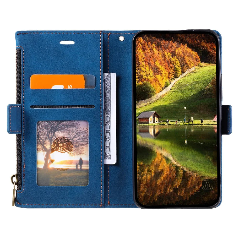 For Samsung Galaxy S23 Ultra Zipper Pocket Stand PU Leather Case Back Card Holder Magnetic Clasp Phone Wallet Cover with Hand Strap - Blue - 2