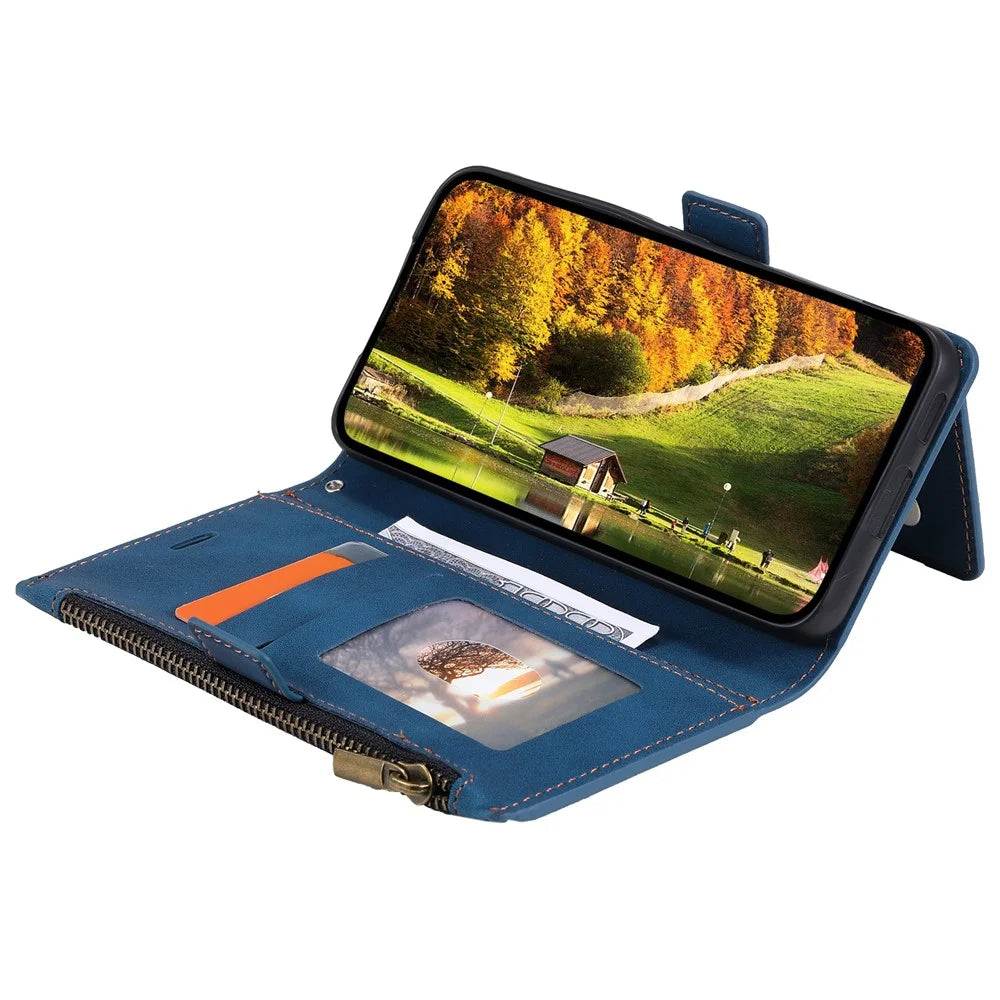 For Samsung Galaxy S23 Ultra Zipper Pocket Stand PU Leather Case Back Card Holder Magnetic Clasp Phone Wallet Cover with Hand Strap - Blue - 3