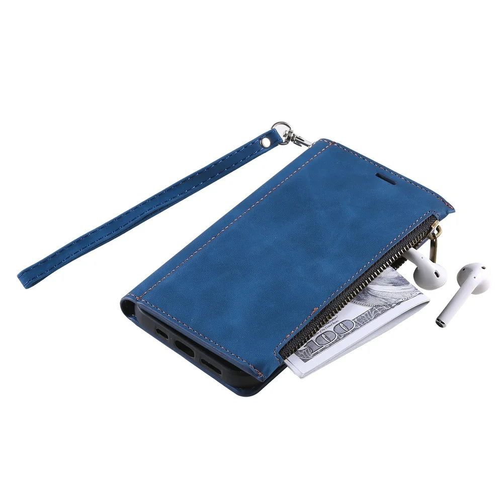 For Samsung Galaxy S23 Ultra Zipper Pocket Stand PU Leather Case Back Card Holder Magnetic Clasp Phone Wallet Cover with Hand Strap - Blue - 4