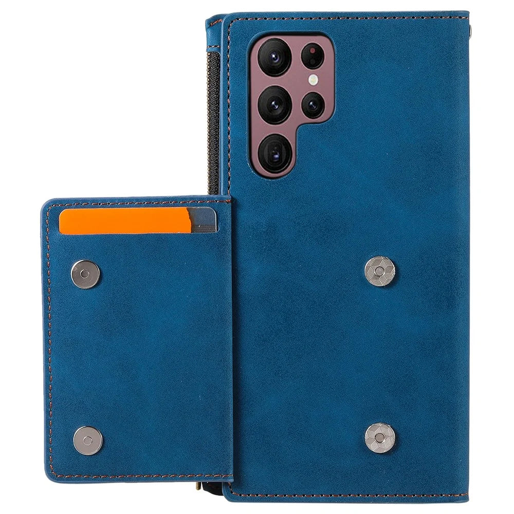 For Samsung Galaxy S23 Ultra Zipper Pocket Stand PU Leather Case Back Card Holder Magnetic Clasp Phone Wallet Cover with Hand Strap - Blue - 5