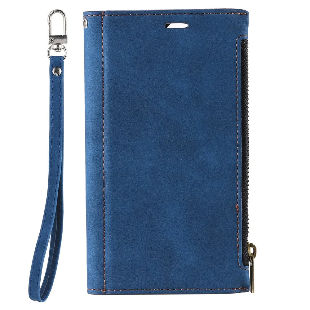 For Samsung Galaxy S23 Ultra Zipper Pocket Stand PU Leather Case Back Card Holder Magnetic Clasp Phone Wallet Cover with Hand Strap - Blue - 6