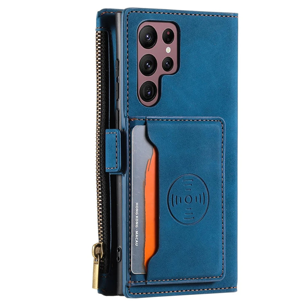 For Samsung Galaxy S23 Ultra Zipper Pocket Stand PU Leather Case Back Card Holder Magnetic Clasp Phone Wallet Cover with Hand Strap - Blue - 7