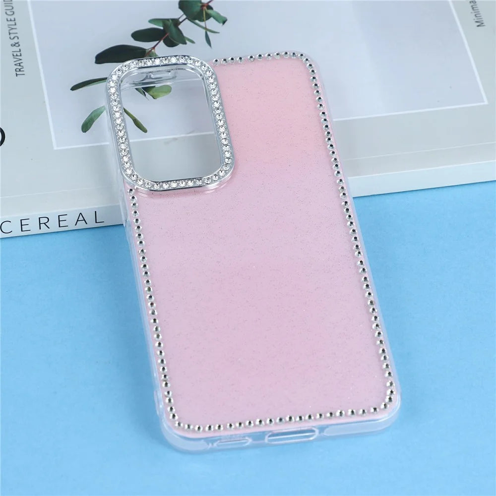 For Samsung Galaxy A17 4G / A17 5G Case Rhinestone Edge Glitter Back TPU + PC IMD Phone Cover - Glitter Light Pink - 5