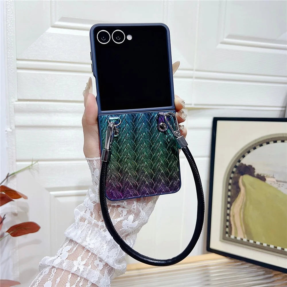 For Samsung Galaxy Z Flip7 5G Case Gradient Woven Texture Leather + PC Phone Cover with Wrist Strap - Colorful - 2