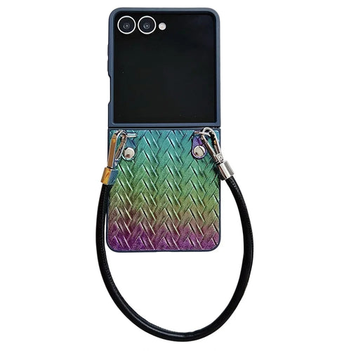 For Samsung Galaxy Z Flip8 Case Gradient Woven Texture Leather + PC Phone Cover with Wrist Strap - Colorful - 1